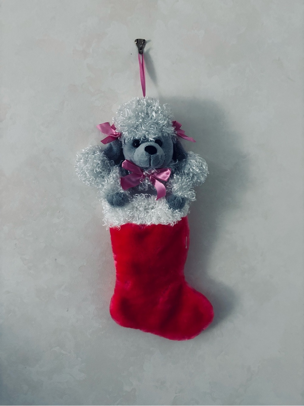 Vintage Plush Poodle Dog Christmas Stocking with Pink Bows